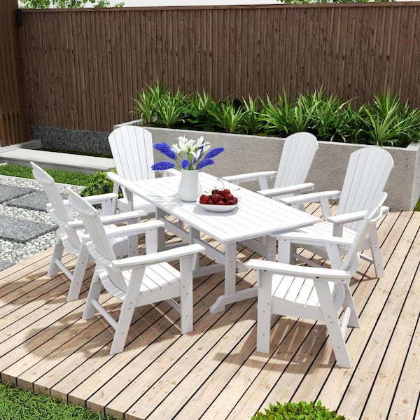 Altura Outdoor Patio Weather Resistant White 7-Piece HDPE Plastic Rectangle Adirondack Dinning Set