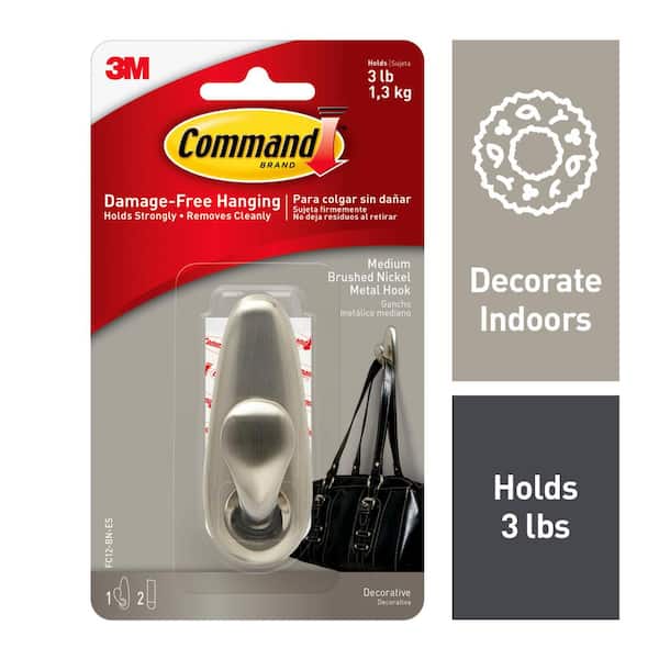 Command 3 lb. Medium Brushed Nickel Metal Hook (2 Hooks, 4 Strips)