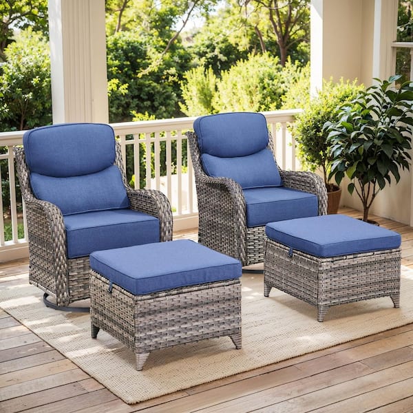 MoonLuxe Gray Swivel Glider Wicker Patio Conversation Set with Blue Olefin 6 in. Thick Cushions/Ottoman (4-Piece)