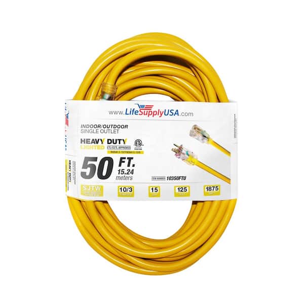 LifeSupplyUSA 50 ft. 10-Gauge/3 Conductors SJTW Indoor/Outdoor Extension Cord with Lighted End Yellow (1-Pack)
