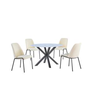 Martina 5-Piece White Round Marble Wrap Glass Top Iron Metal Frame Dining Set with 4 Beige Polar Fleece Grey Leg Chair