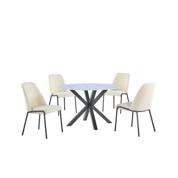 Best Quality Furniture Martina 5-Piece White Round Marble Wrap Glass Top Iron Metal Frame Dining Set with 4 Beige Polar Fleece Grey Leg Chair