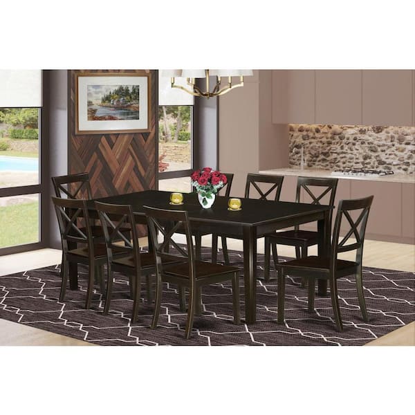 East West Furniture 9-Piece Cappuccino Finish Solid Wood Top Dining Table with 8 Chairs with Lattice Back