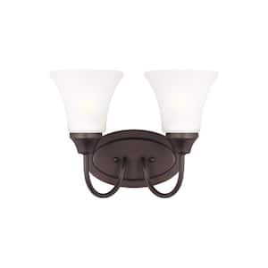 Holman 11.75 in. 2-Light Bronze Traditional Classic Bathroom Vanity Light with Satin Etched Glass Shades