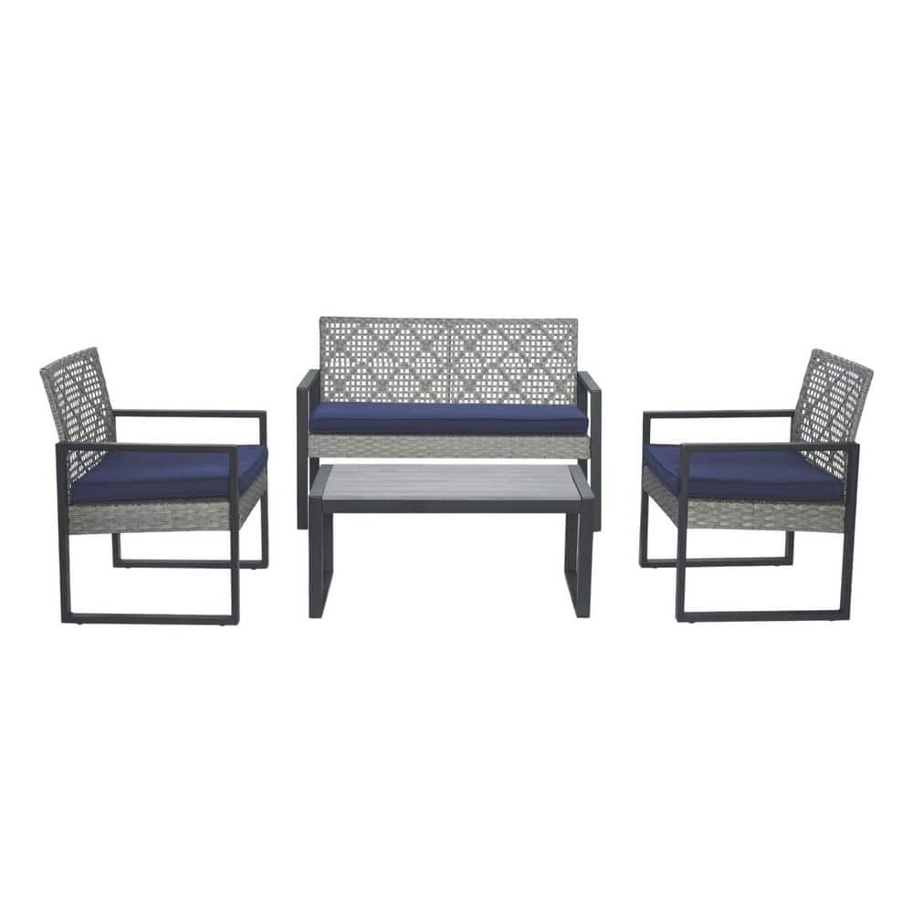 Light Gray 4-Piece Acacia Wood Patio Conversation Set with Blue Cushions price history on PriceWatchPro