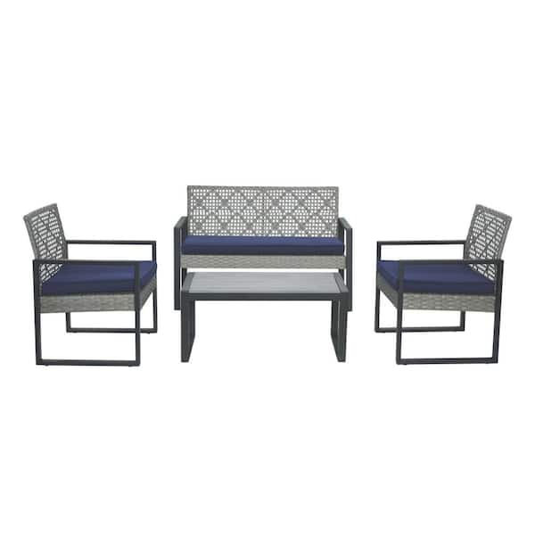 Light Gray 4-Piece Acacia Wood Patio Conversation Set with Blue Cushions