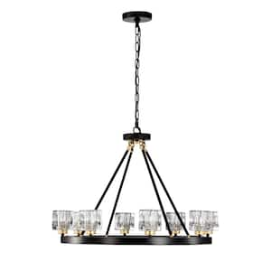 8-Light Modern Matte Black and Gold Wagon Wheel Farmhouse Chandelier with Adjustable Height and G9 Bulbs Included