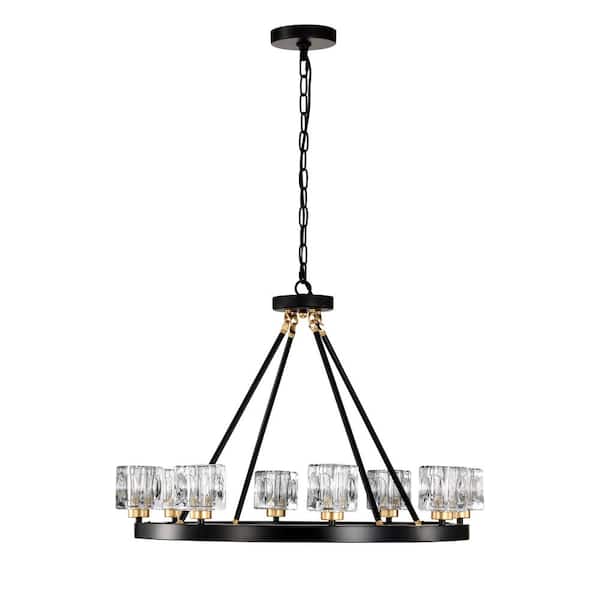 8-Light Modern Matte Black and Gold Wagon Wheel Farmhouse Chandelier with Adjustable Height and G9 Bulbs Included
