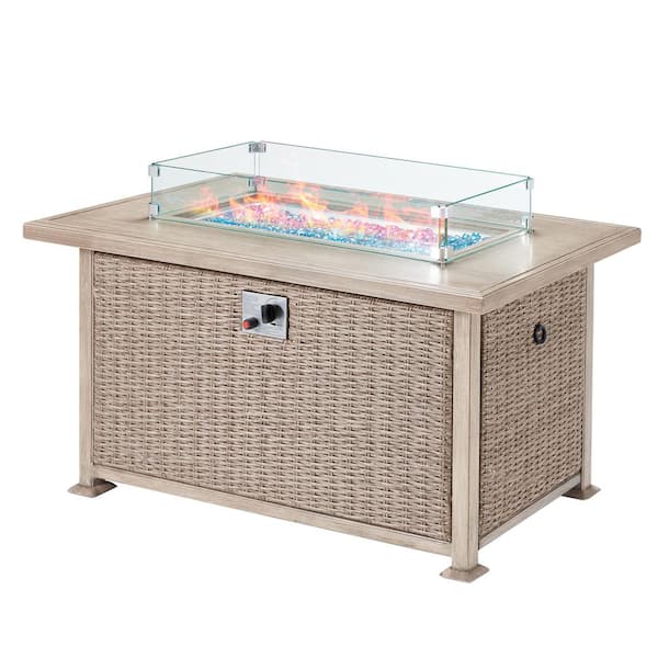 Cesicia 24.8 in. H x 44 in. W 50,000 BTU Propane Fire Pit Table, Rattan Fire Pit Table with Glass Wind Guard, Gray Wicker