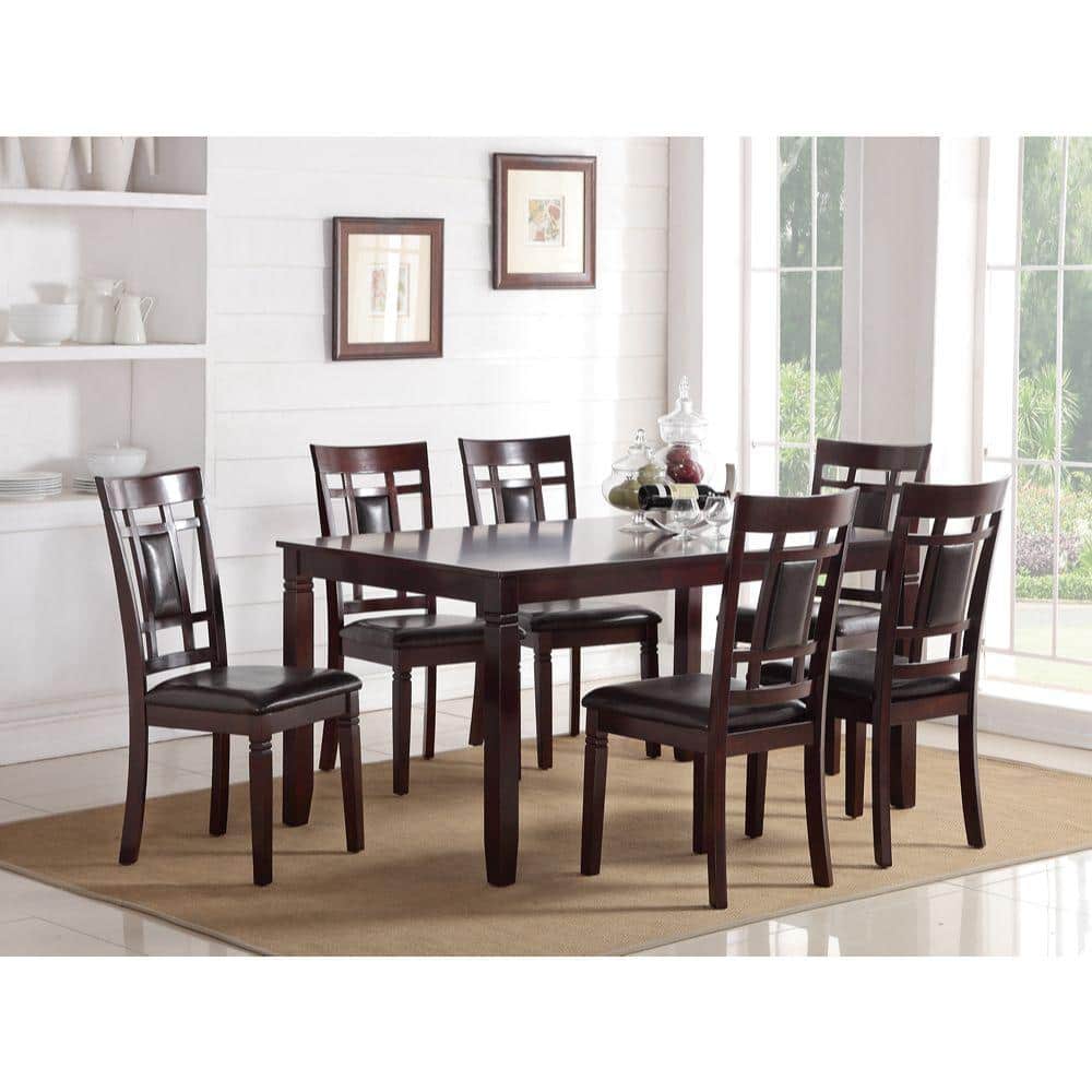 Espresso Brown 7-Piece Rubber Wood Dining Set with Faux Leather Chairs