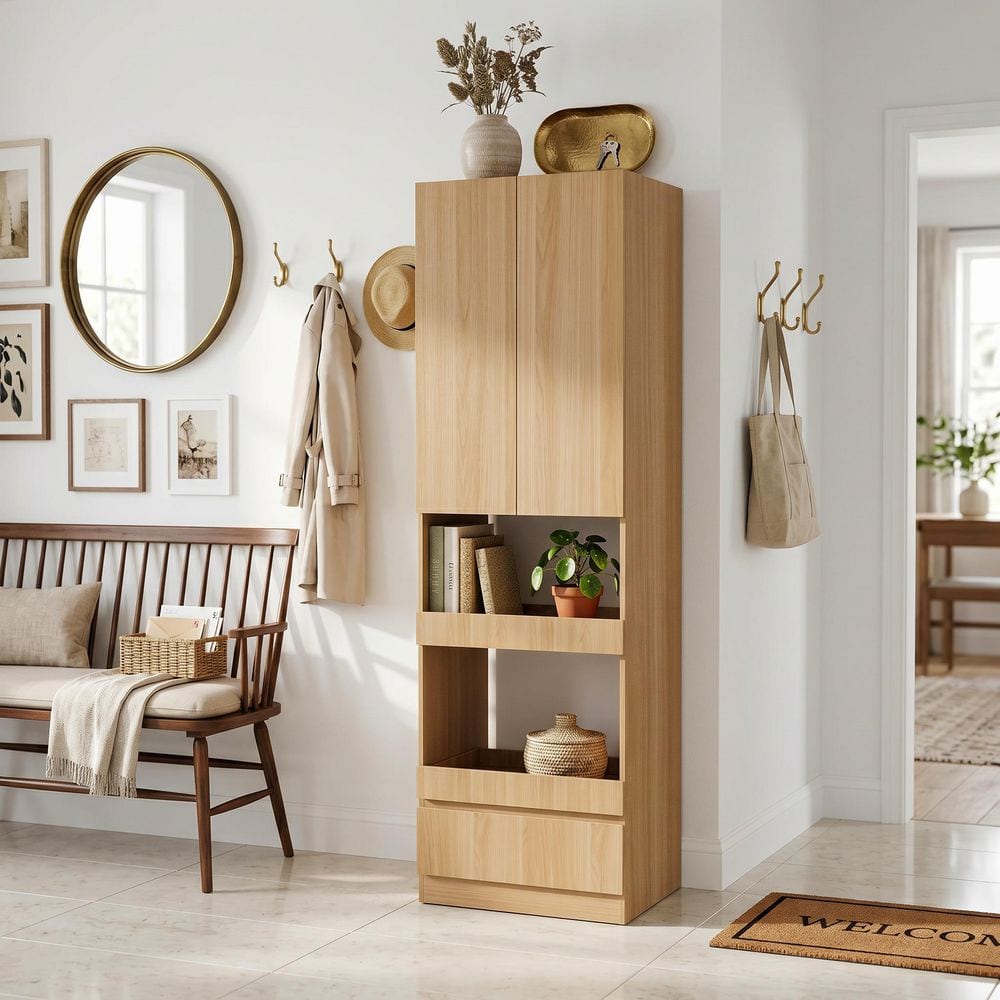 Yellow Wood Grain Solid Wood 27.6 in. x 92.5 in. H Pantry Cabinet, Office Storage Cabinet with Sliding Shelves, Drawer