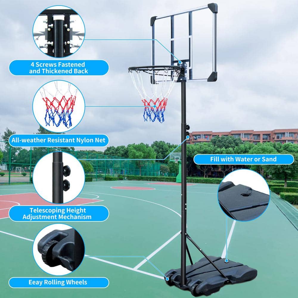 Adjustable Black Polycarbonate Portable Basketball Hoop with Wheels