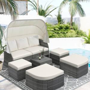 Gray 6-Piece Wicker Outdoor Patio Sofa Sunbed Set with Beige Cushions, Retractable Canopy