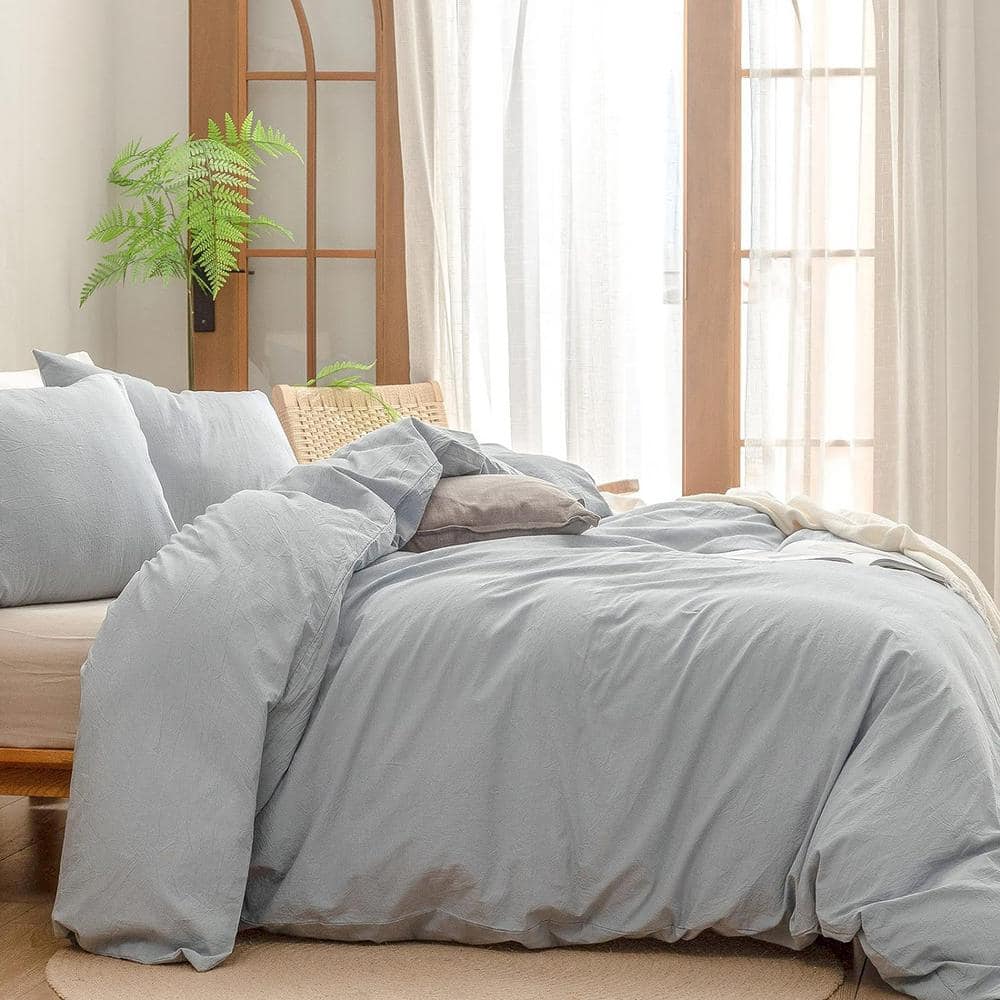 3-Pieces Cornflower Blue Queen Washed Cotton Linen Embroidery Bedding Duvet