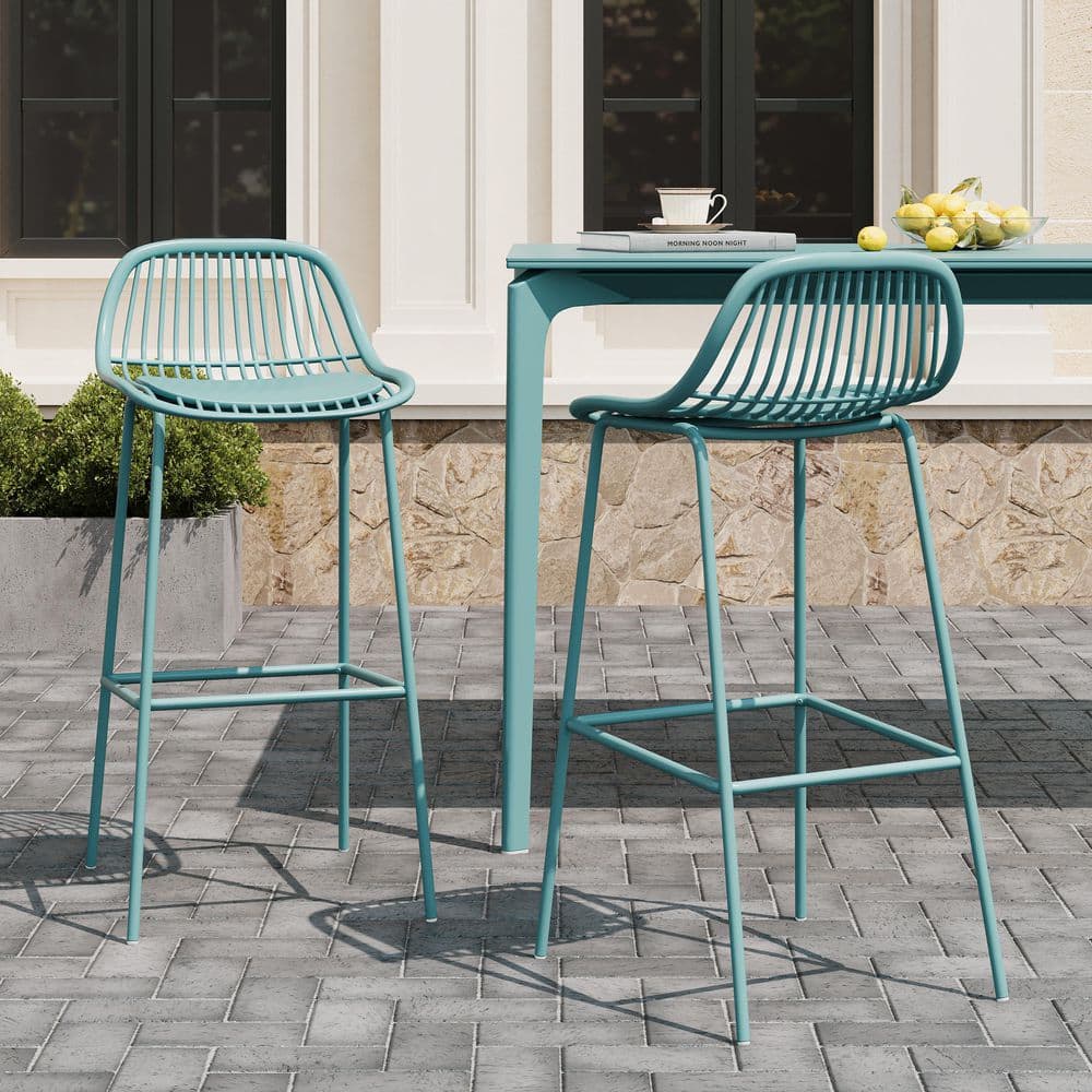 Tessa Sky Blue Metal Frame Patio Outdoor Bar Stools with Plastic Seat, Set of 2 price history on PriceWatchPro