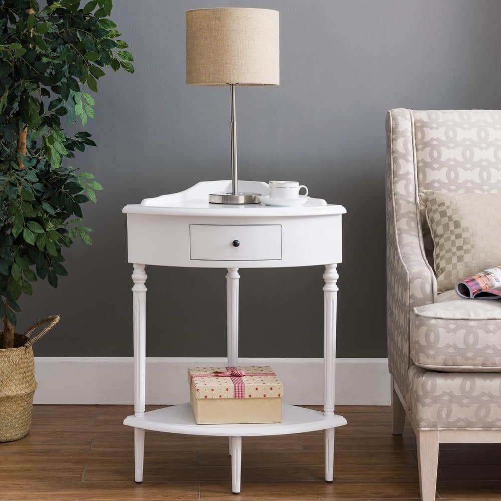 White Triangular Solid Wood Corner Table with Storage Drawer