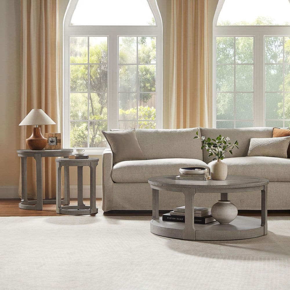 24.01 in. Set of 2 Nesting End Tables, Light Brown Pine Wood Round Side Table Set with Curved Base for Living Room