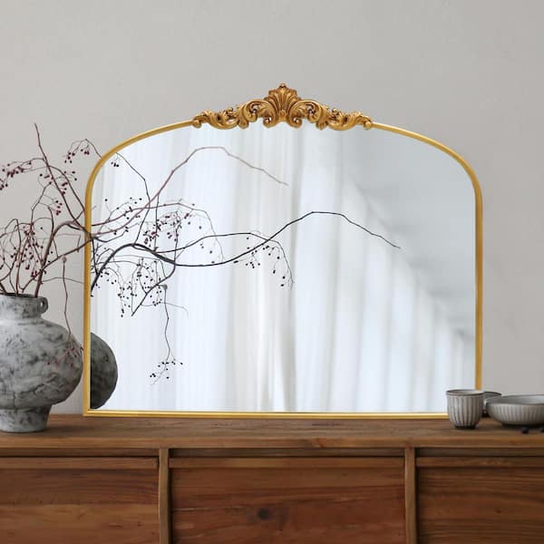 LuxHomez 29.92 in. W x 35.8 in. H Vintage Gold Arched Metal Frame Decorative Wall Mirror / Dressing Table Mirror