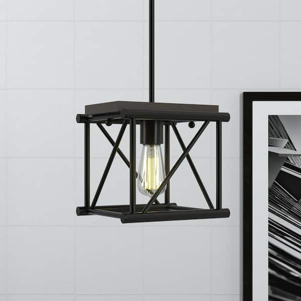 Hopewell Farmhouse 1-Light Matte Black Dimmable Pendant Light with Caged Metal Shade