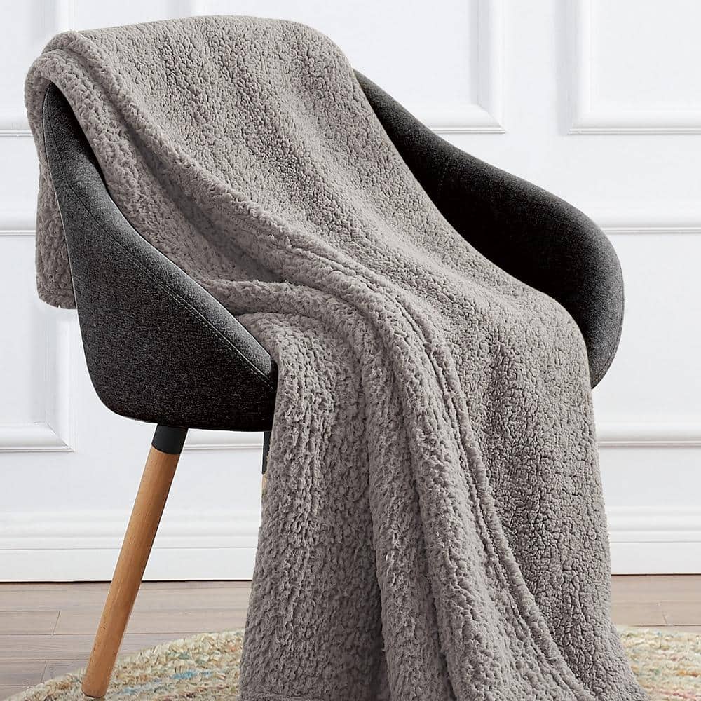 Gray Sherpa Knit Fleece Throw Blanket, 50x60 Inches