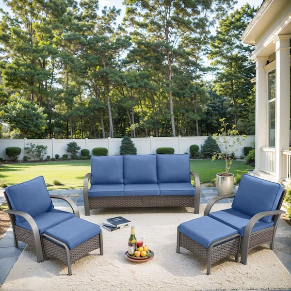 5-Piece Brown Wicker Patio Conversation Set with Blue Olefin Cushions and Lounge Chairs/Ottomans/Couch