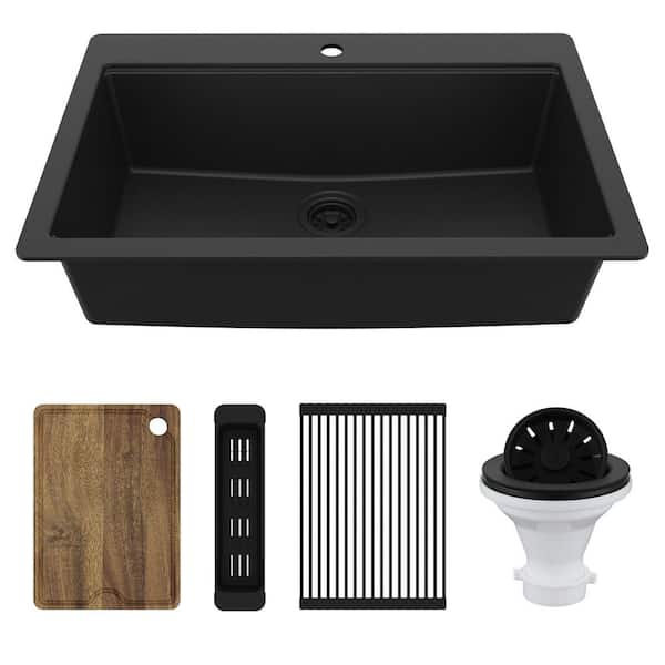 33 in. Drop-In Single Bowl Quartz Workstation Kitchen Sink in Black