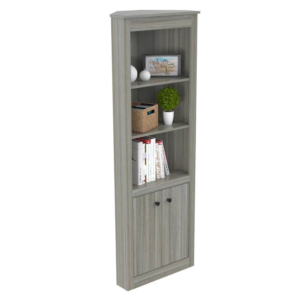 Smoke Oak 76'' Corner Bookshelf with Concealed Storage