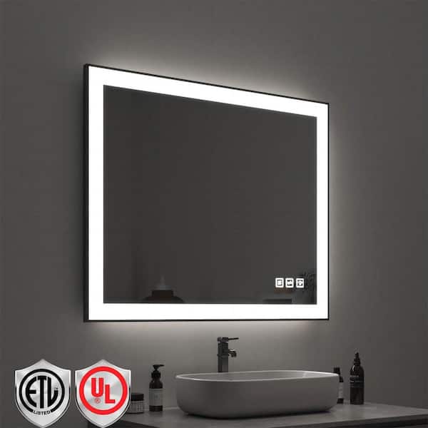 40 in. W x 32 in. H Rectangular Framed LED Anti-Fog Wall Mirror in Black with Backlit and Front Light