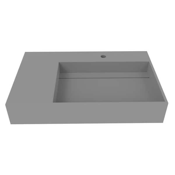 castellousa Juniper 30 in. Wall Mounted Solid Surface Right Side Basin Rectangular Vessel Bathroom Sink in Matte Gray