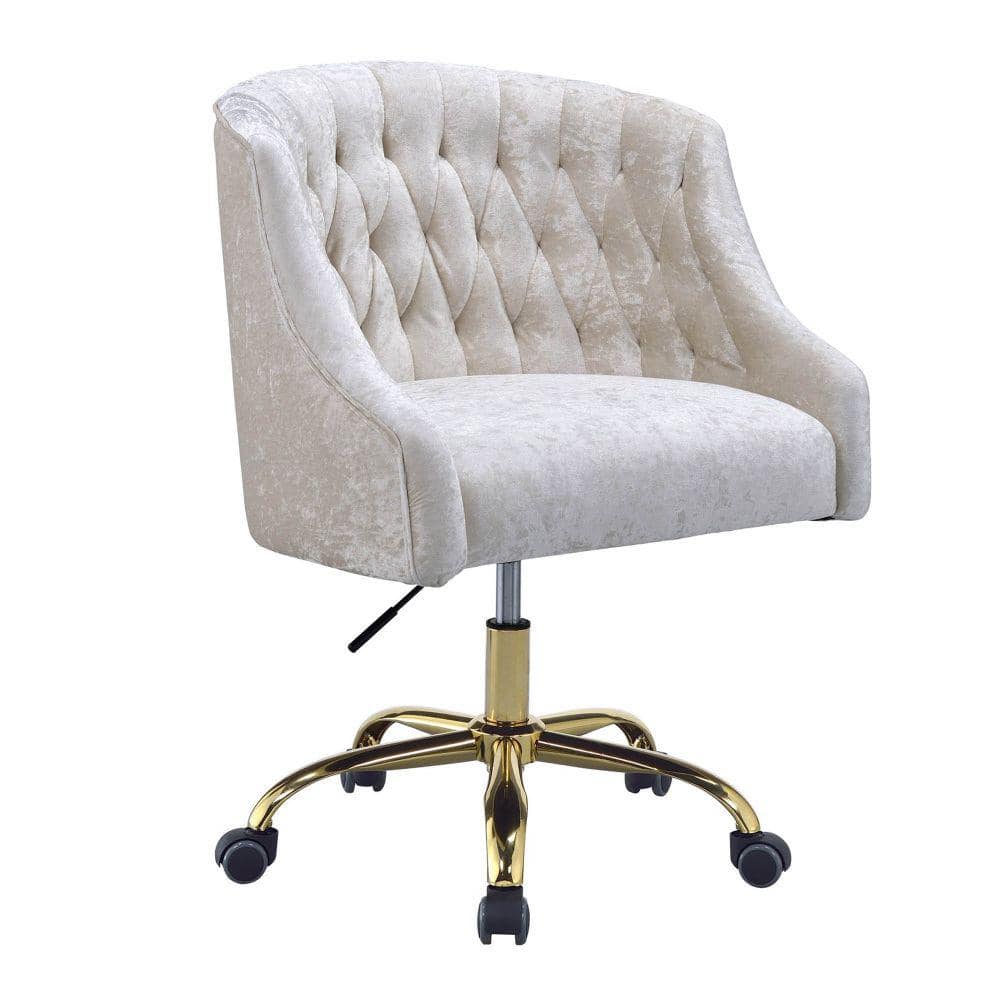 Benjara Cream and Gold Swivel Velvet Upholstered Office Chair with