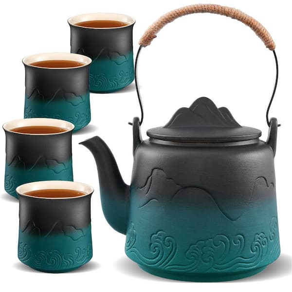 4-Cup Dark Green Ceramic Tea Set, 33.8 oz. Embossed Ceramic Loose Leaf Teapot with Built-in Strainers for Tea Steeper
