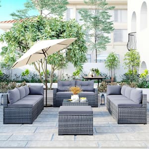 Gray 9 Pieces Large Outdoor Patio Wicker Conversation Set with Ottoman and Beige Cushion