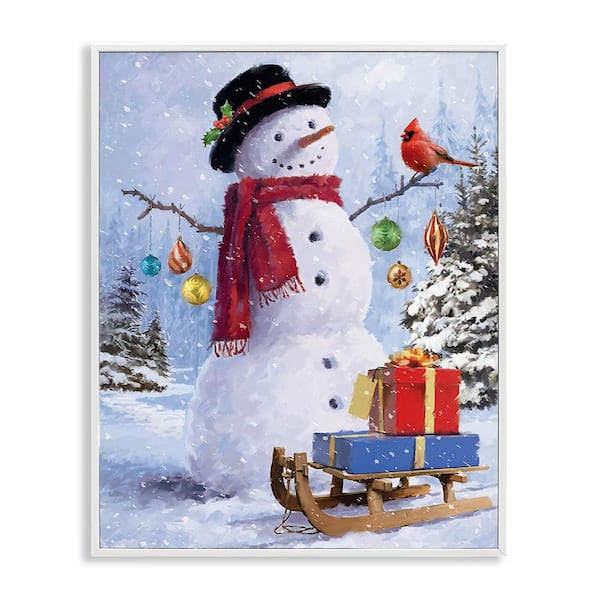 Stupell Industries Snowman with Gift Sled by Jason Kirk 1-Piece Framed Graphic Print Nature Poster Art Print 20 in. x 16 in.