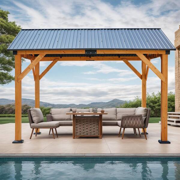 Oyezvary 9.74 ft. x 11.58 ft. Brown Wood Carport Pavilion Gazebo