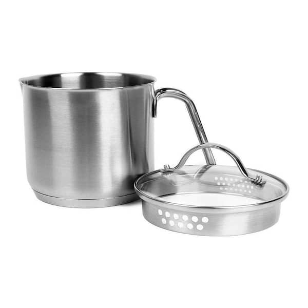1.5 qt. Stainless Steel Sauce Pan with Pour Spout Glass Lid Nonstick in Silver with Straining Holes for Boiling