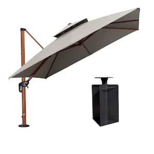 10 ft. Sunbrella Aluminum Square 360° Rotation Wood Pattern Cantilever Outdoor Patio Umbrella With Base in Ground, Gray