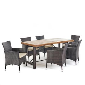 Multi-Brown 7-Piece Faux Rattan and Wood Rectangular Outdoor Dining Set with Beige Cushion