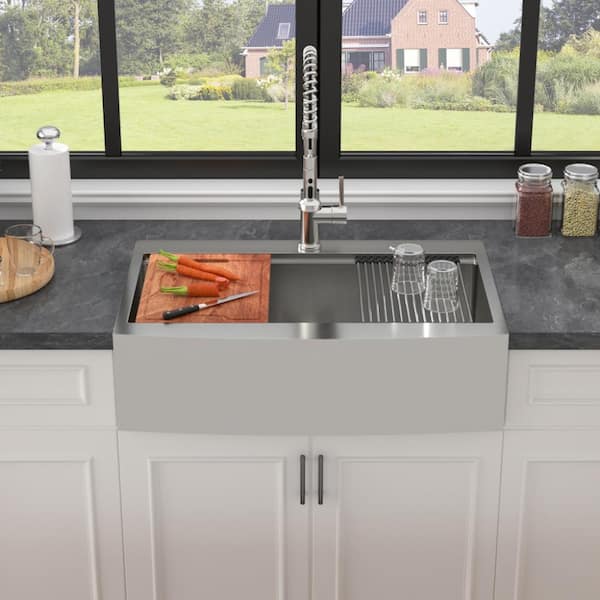 33 in. x 22 in. x 10 in. Drop-In Farmhouse Workstation Kitchen Sink with 16 Gauge T304 Stainless Steel