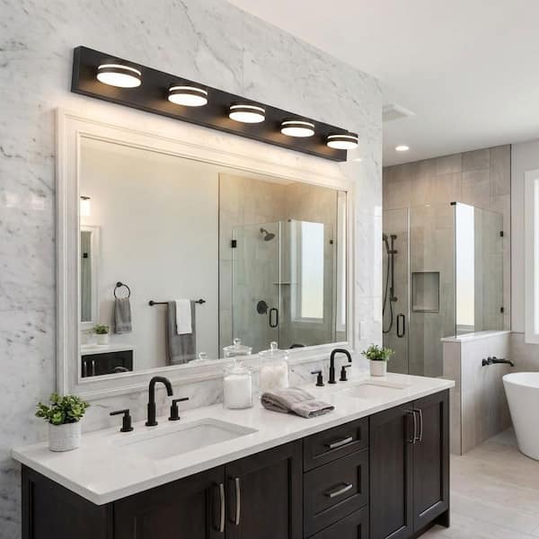 40.55 in. 5 Light Black Bathroom Dimmable LED Vanity Light with 5-CCT Adjustable Switch and Acrylic Lampshade