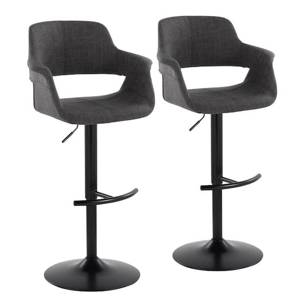 Lumisource Vintage Flair 47.5 in. Charcoal Fabric and Black Metal Adjustable Bar Stool with Rounded "T" Footrest (Set of 2)