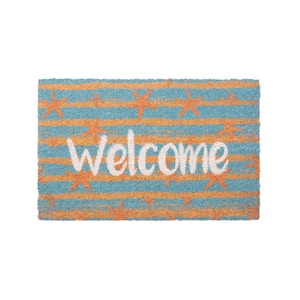 Starfish and Stripes Teal/Orange/Natural 18 in. x 28 in. Coir Door Mat