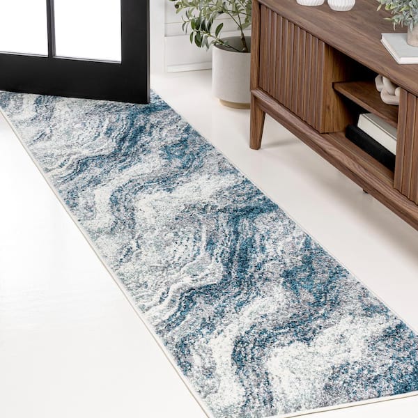 JONATHAN Y Kassia Navy/Cream 2 ft. x 8 ft. Contemporary Glam Abstract Marble Runner Rug
