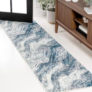 Kassia Navy/Cream 2 ft. x 8 ft. Contemporary Glam Abstract Marble Runner Rug