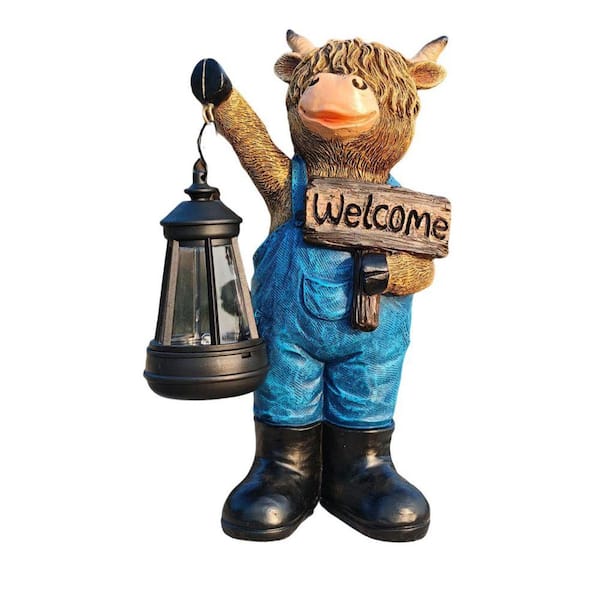 Resin Highland Cow Solar Statue (LED Lantern + Welcome Holder)-Outdoor Yard/Patio Decor, Gift Idea