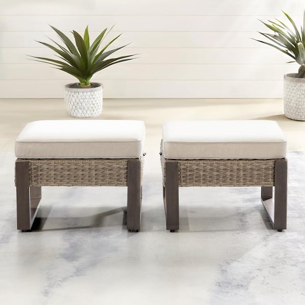 MEOOEM 2-Piece Wicker Outdoor Ottoman with Beige Cushions, Wood-Like Grained Metal Frame Foot Stools for Backyard, Porch, Deck