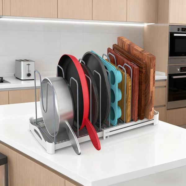 White Plastic Adjustable Bakeware Organizer for Pots, Cake Molds, Cutting Boards, Mats, Cookware
