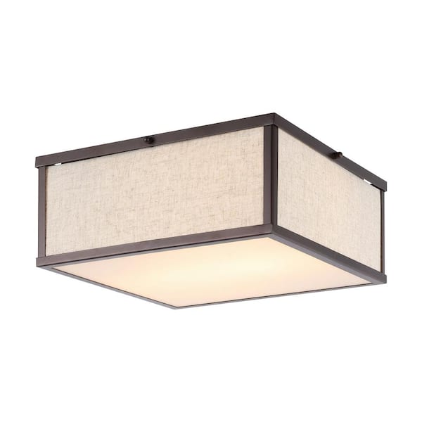 Grant 14.13 in. 2-Light Oil Rubbed Bronze/Beige Minimalist Industrial Square Linen Iron LED Flush Mount