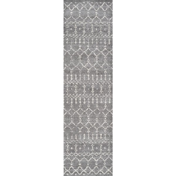 Moroccan HYPE Boho Vintage Diamond Gray/Ivory 2 ft. x 14 ft. Runner Rug