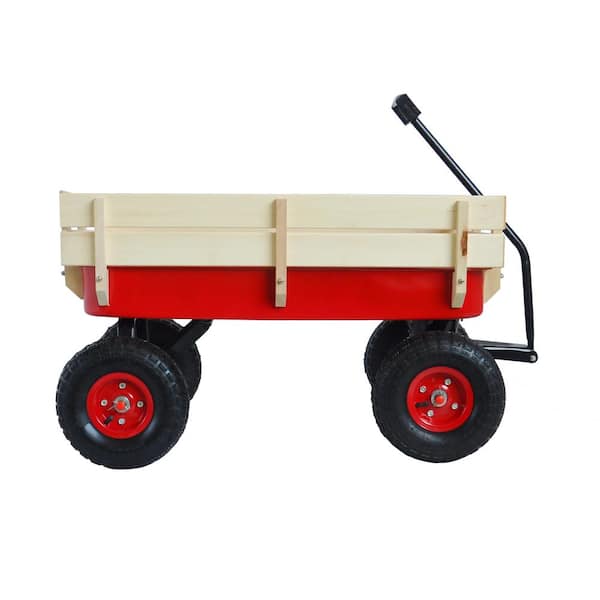4.3 Cu. Ft. Wood Steel Red Outdoor Wagon All Terrain Pulling Wood Railing Air Tires Kid Garden Cart