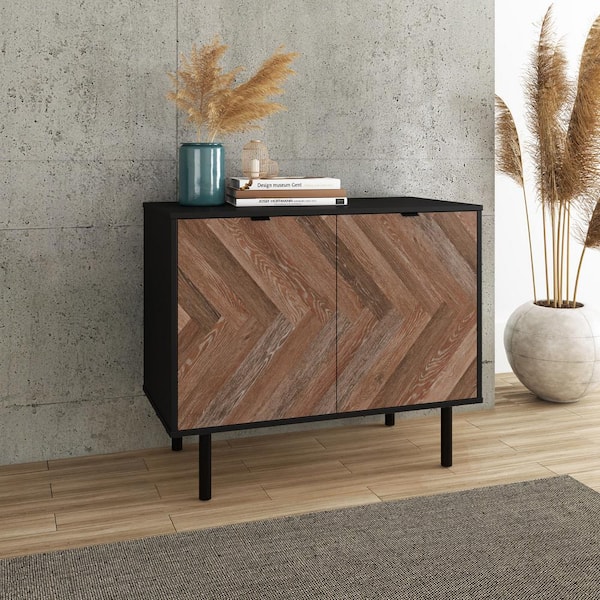 Manhattan Comfort Liam Black and Brown Wood Print Mid-Century Modern 25.60 in. H Accent Storage Cabinet with 2-Shelves